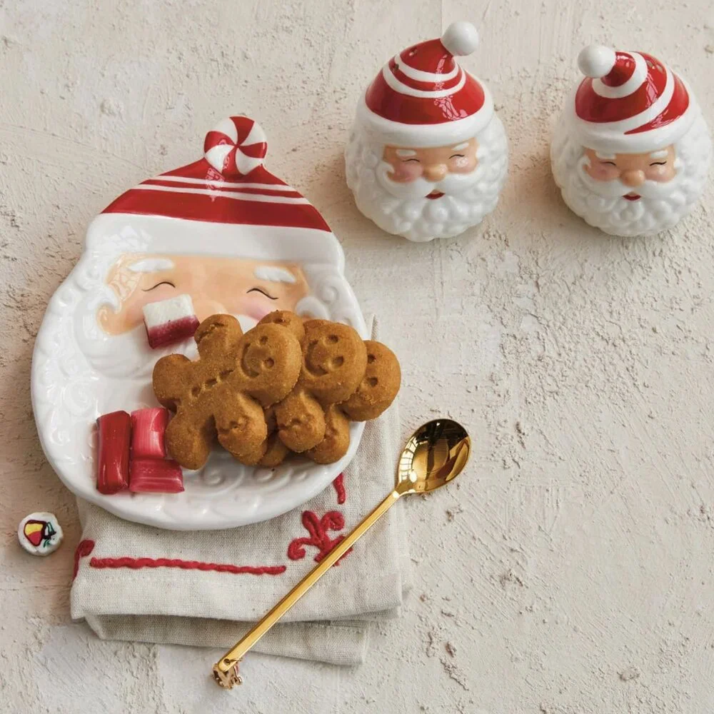 Creative Co-Op Hand-Painted Ceramic Santa Shaped Plate/NIB
